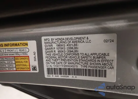 2024 Honda Accord Lx z USA, uszkodzony, nr VIN 1HGCY1F26RA045215